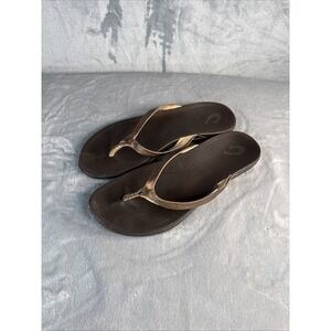 Olukai Ho'Opio Flip Flops Womens Size 8 Brown Leather Sandals Casual